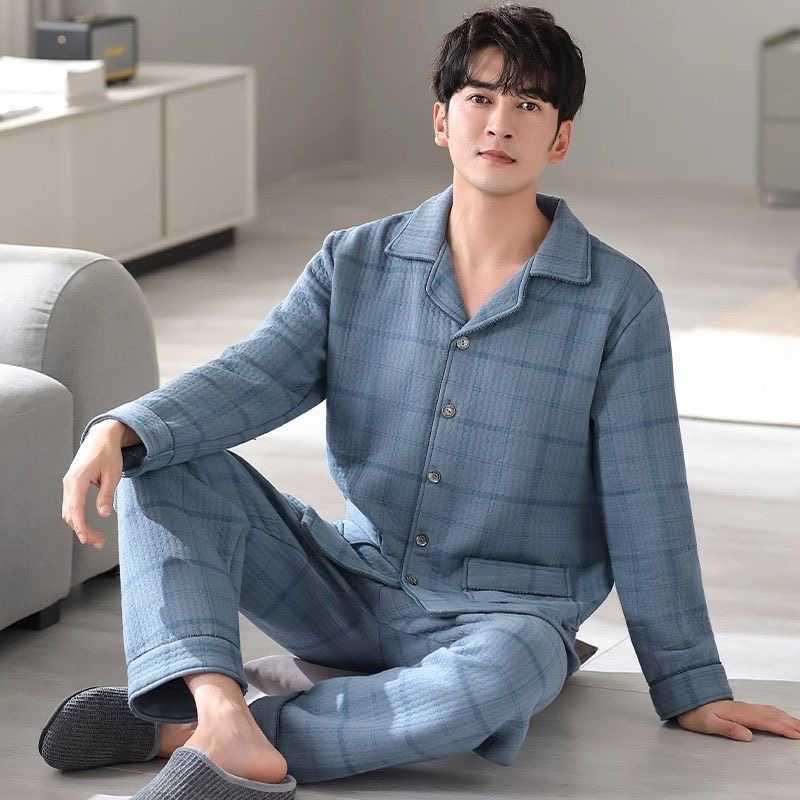 秋季纯棉加厚男睡衣长袖家居服