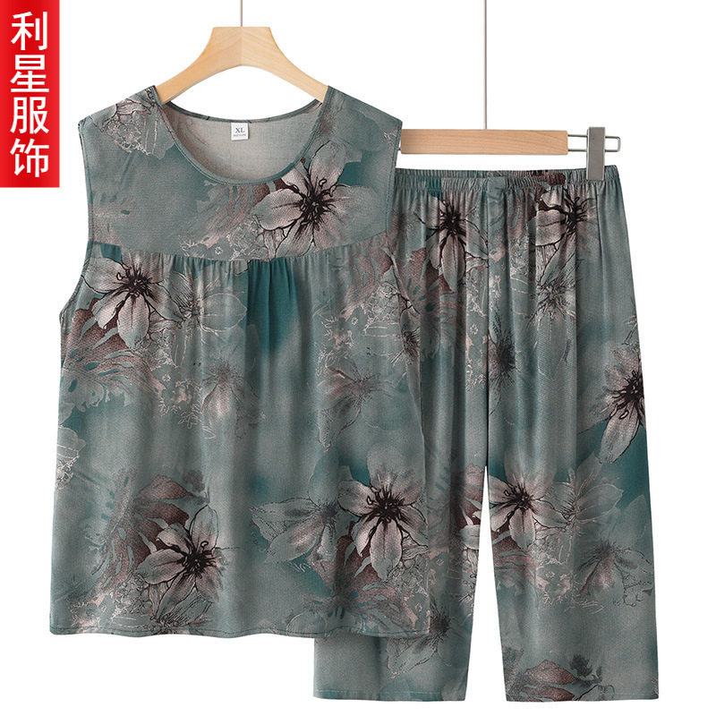 奶奶套装夏季背心中老年女士纯棉