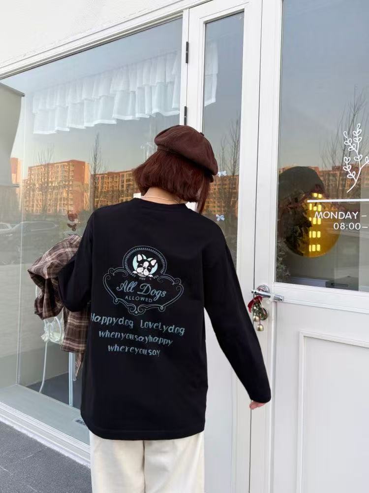 斗牛犬长袖打底衫秋季女新款落肩宽松T刺绣工艺字母印花通勤穿搭