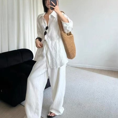 松弛感亚麻衬衫套装气质慵懒高级