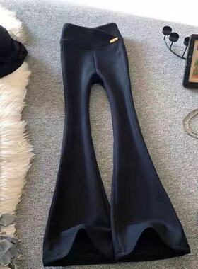 黑色微喇裤女春季2026新款lu系设计感交叉高腰显瘦拼接休闲长裤子