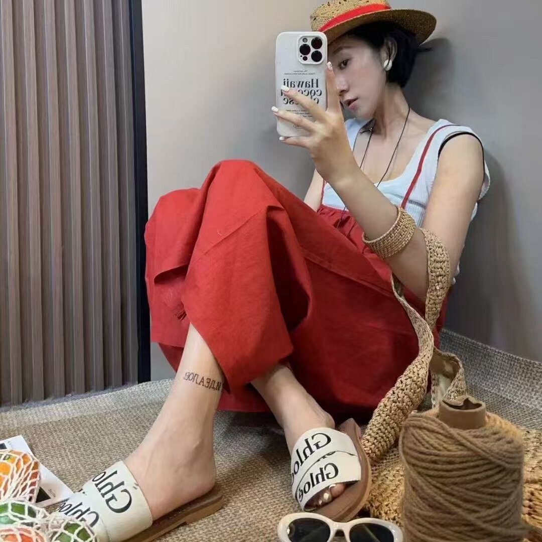 红色高腰棉麻背带裤女夏季薄款