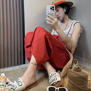 红色高腰棉麻背带裤女夏季薄款宽松显瘦休闲直筒吊带阔腿连体长裤