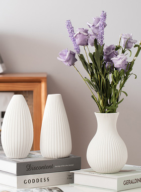北欧ins陶瓷花瓶白色磨砂条纹小花器简约家居客厅仿真花艺术摆件