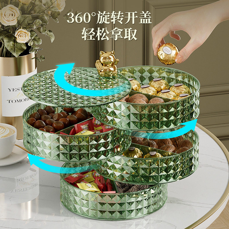 果盘家用客厅茶几2023新款多层分格糖果盒旋转坚果零食密封收纳盒