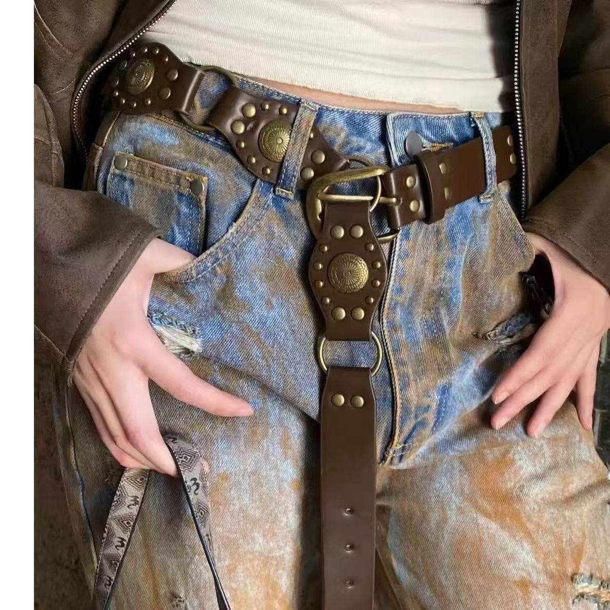 美式复古环扣腰带女士铆