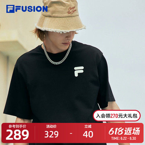 FILA FUSION斐乐情侣运动T恤2023夏纯棉宽松运动短袖上衣男女