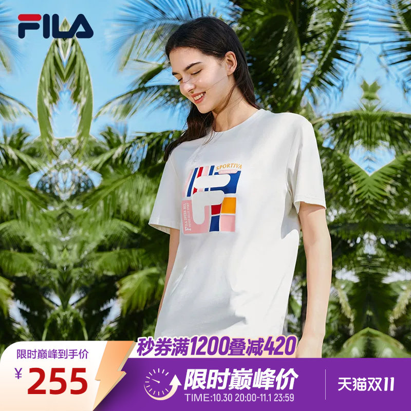FILA斐乐官方女士短袖T恤夏季印花打底时尚针织衫运动上衣短袖衫