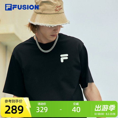 FILA FUSION斐乐情侣运动T恤2023夏纯棉宽松运动短袖上衣男女
