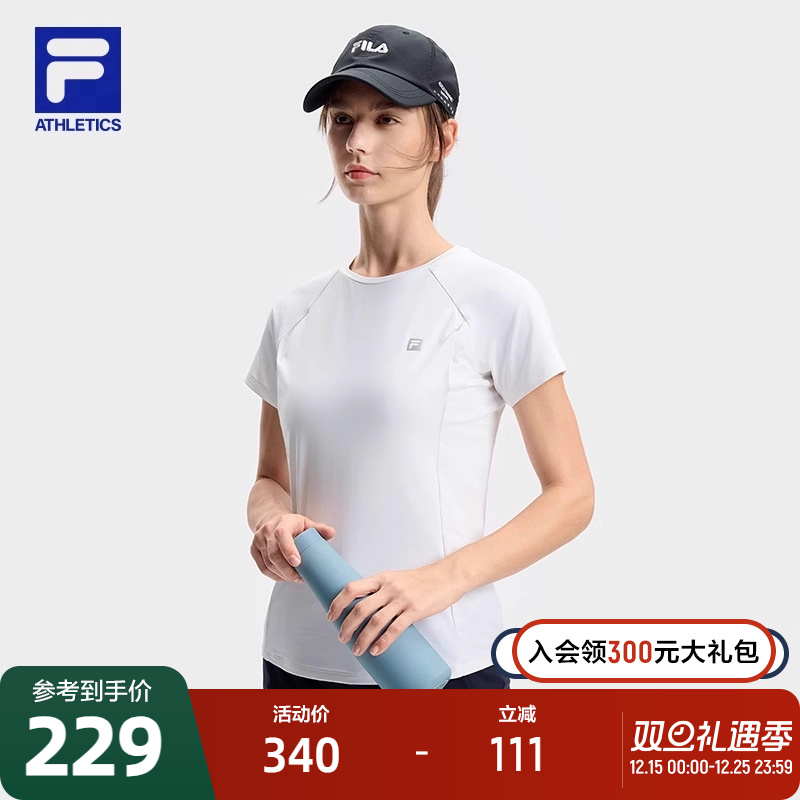 FILA 斐乐官方女子针织短袖衫2024秋季新款健身运动简约圆领白T恤