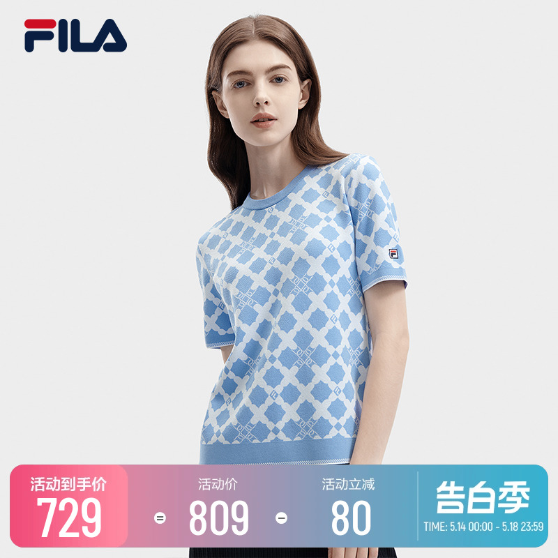 FILA 斐乐官方女子编织衫2024夏季新款时尚休闲满印基础短袖上衣