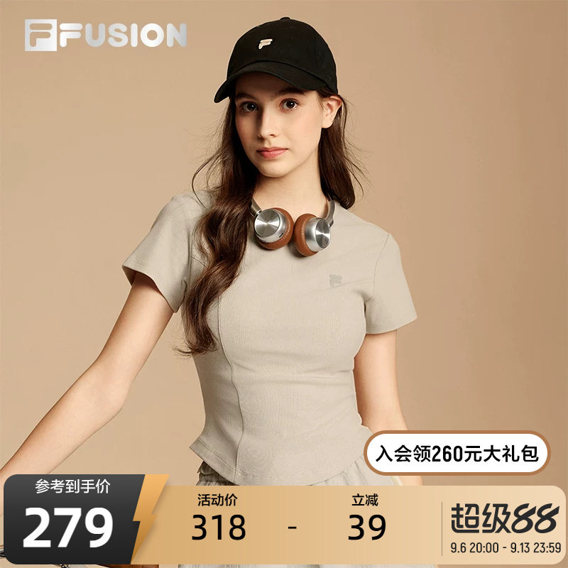 FILA FUSION斐乐潮牌女子针织短袖衫秋季新款时尚休闲紧身T恤