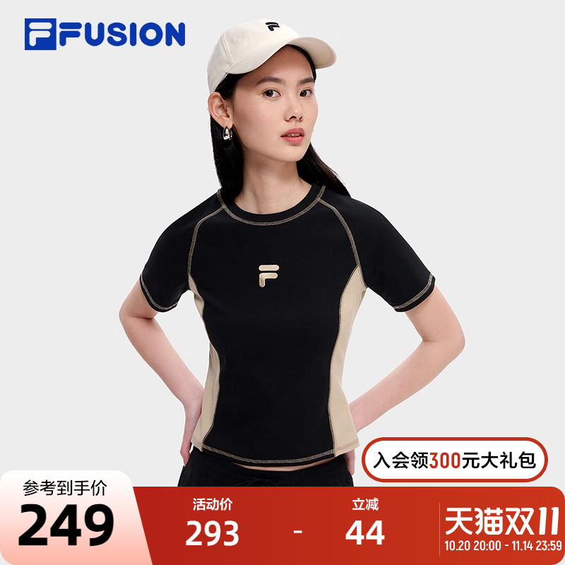 FILA FUSION斐乐潮牌短袖T恤女2023修身针织潮流时尚短款上衣