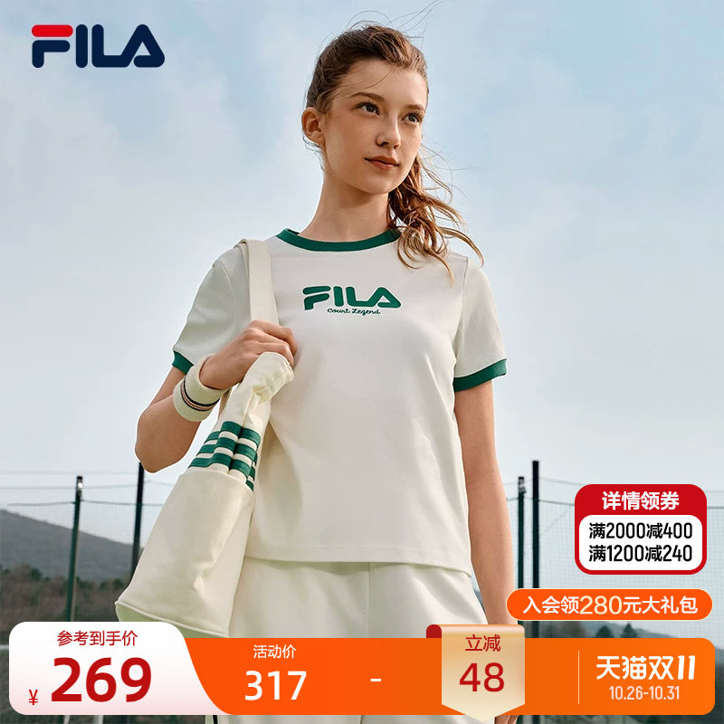 FILA 斐乐官方网球短T斐乐纯棉女上衣秋季时尚休闲撞色螺纹短袖T
