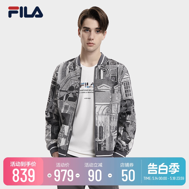 FILA 斐乐官方男子梭织外套2023秋时尚潮流满印宽松棒球外套