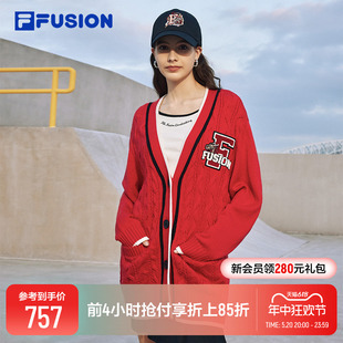 新款 休闲宽松V领开衫 时尚 FILA FUSION斐乐潮牌编织外套女2024春季