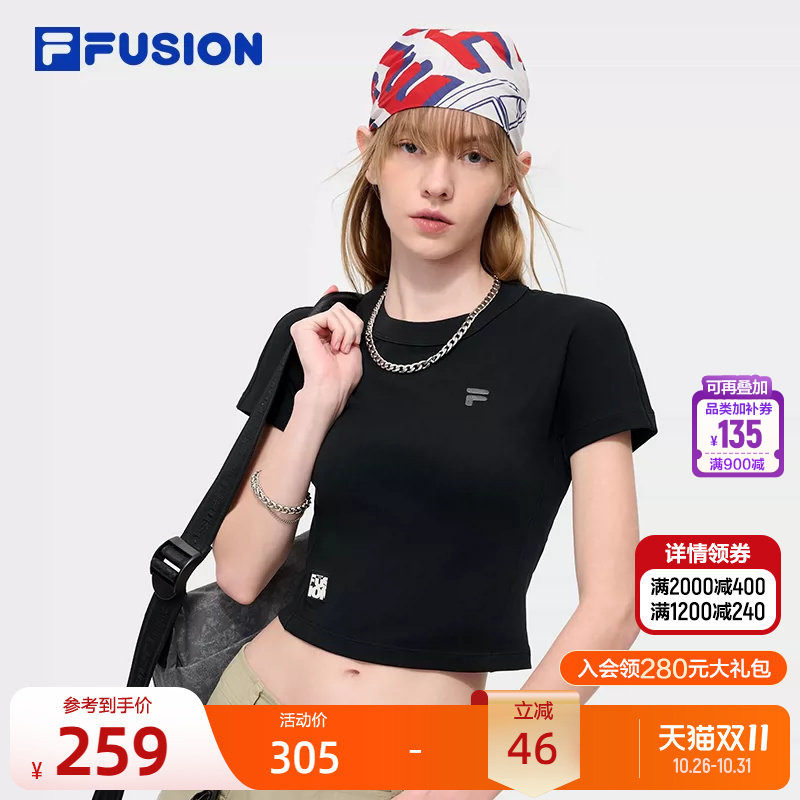 FILA FUSION斐乐潮牌女子针织短袖秋季新款紧身运动休闲女短袖T恤