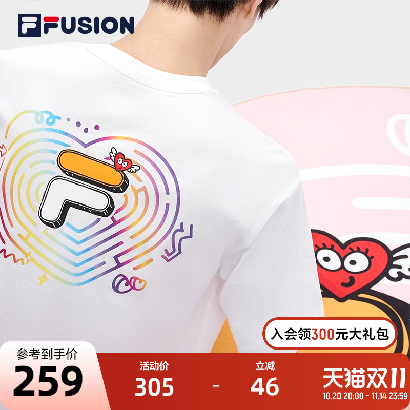 FILA FUSION斐乐潮牌女短袖T恤情侣款2023夏宽松情人节男上衣