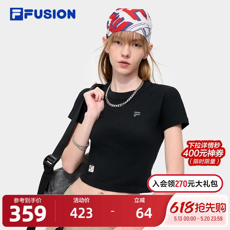 FILA FUSION斐乐潮牌针织短袖2024秋新紧身T恤女