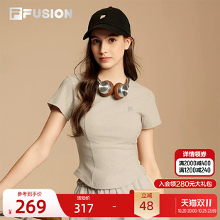 FILA FUSION斐乐潮牌女子针织短袖衫秋季新款时尚休闲紧身T恤