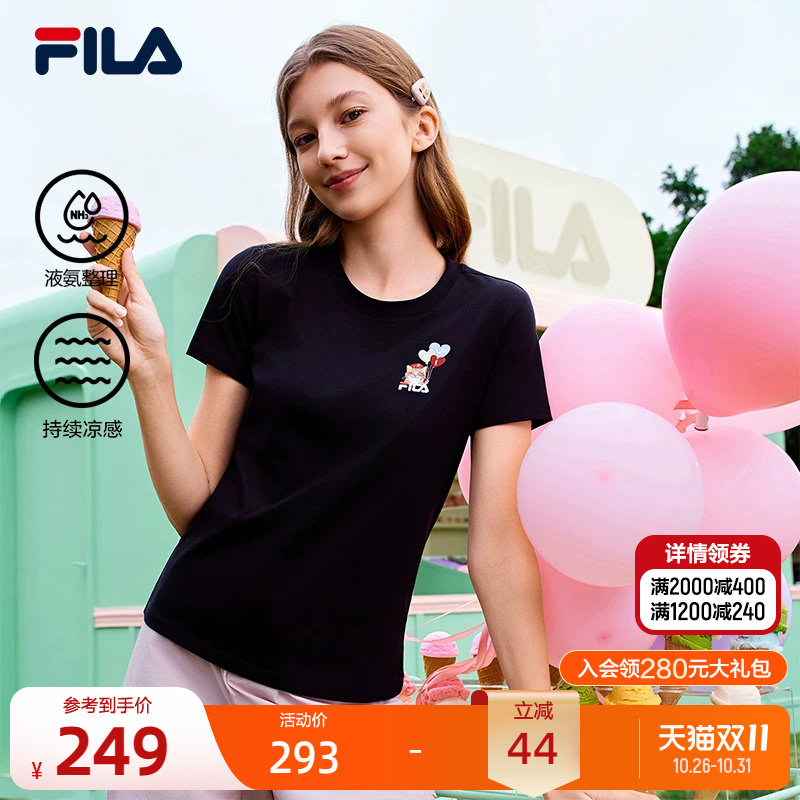 FILA 斐乐官方女子针织短袖衫2026春新款时尚休闲小猫刺绣圆领T恤