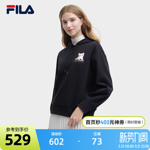 FILA 猫咪印花上衣 斐乐官方女子针织连帽卫衣2023冬休闲长袖
