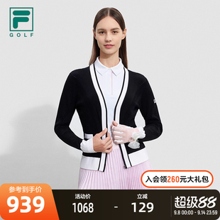 FILA 高尔夫运动上衣 斐乐官方女士编织外套2023秋V领撞色开衫