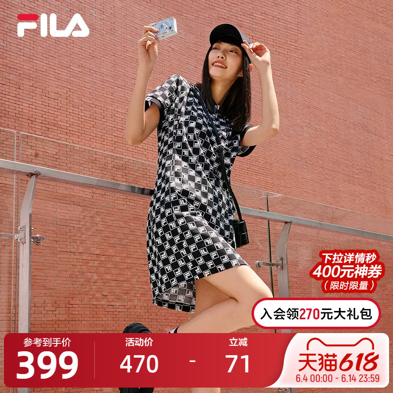 FILA 斐乐官方女士老花连衣裙夏季复古满印休闲时尚修身显瘦裙子
