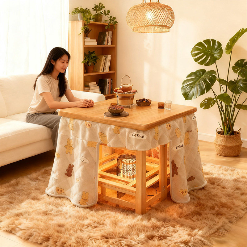 烤火桌子新款楠竹简易冬季取暖桌家用可折叠餐桌四方桌烤火炉茶几