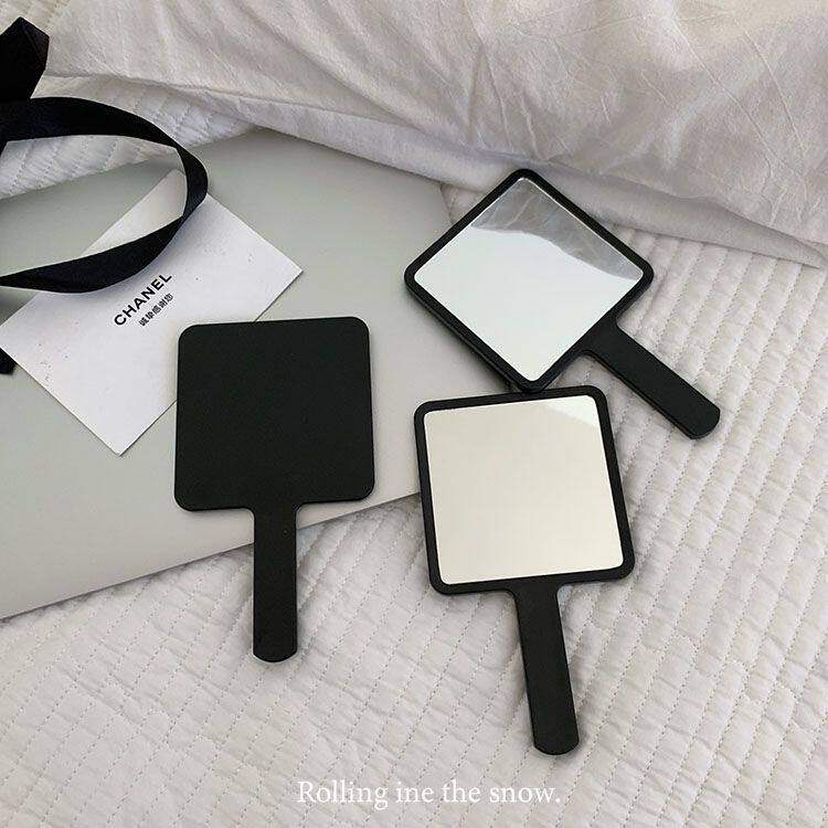 ins风简约手持化妆镜学生随身便携化妆小镜子高级黑色手拿手柄镜