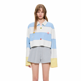 条纹纽扣POLO衫 撞色袖 T恤女设计师品牌 Sandra2024春夏新款 Alexia