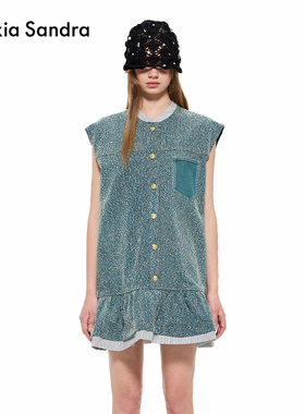 Aikoko同款-Alexia Sandra2024秋季新款米粒牛仔拼接无袖连衣裙女
