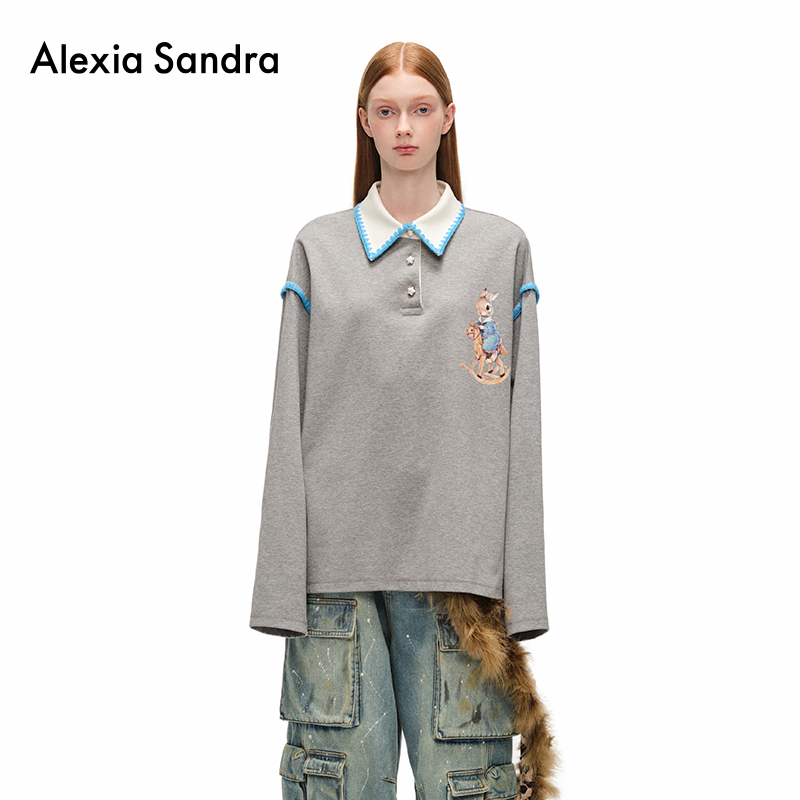 马嘉祺同款Alexia Sandra木马兔子撞色Polo领设计感小众长袖T恤女