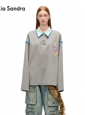 马嘉祺同款Alexia Sandra木马兔子撞色Polo领设计感小众长袖T恤女