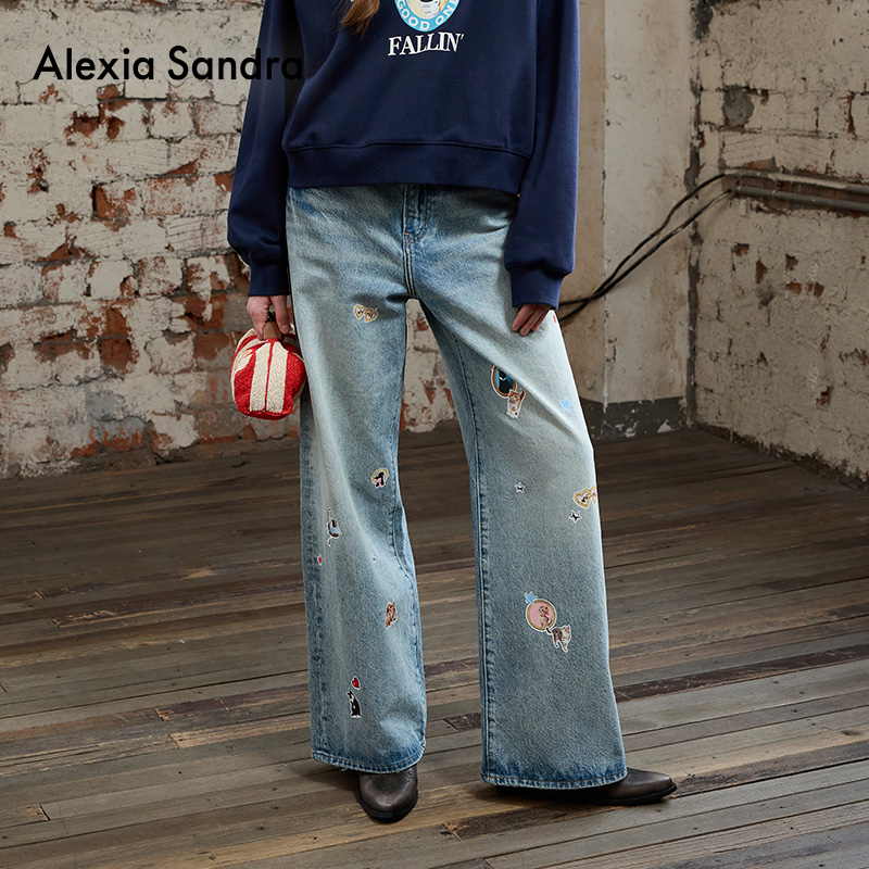 宠物派对印花直筒休闲简约牛仔裤