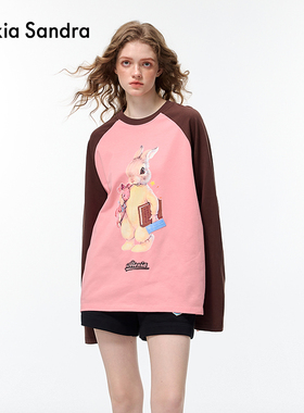 黄灿灿同款Alexia Sandra大兔子印花插肩长袖宽松圆领T恤纯棉上衣