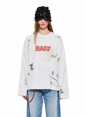 Alexia Sandra春秋白色baby girl涂鸦脏染长袖T恤时尚设计感上衣