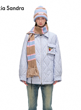 Alexia Sandra秋冬新款口袋草莓设计条纹翻领薄款羽绒服外套上衣