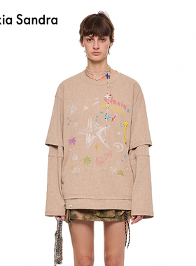 丁程鑫戴萌同款Alexia Sandra海洋涂鸦2025假两件T恤长袖高级感