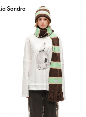 Alexia Sandra星星兔子印花白色假两件休闲宽松圆领长袖T恤上衣女