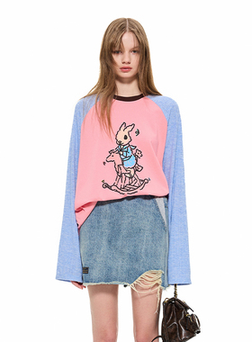 Alexia Sandra春秋木马兔撞色拼接插肩袖长袖T恤女款上衣宽松通勤