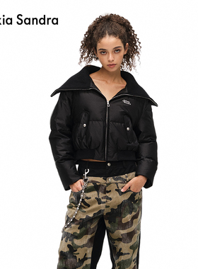 Alexia Sandra秋冬休闲系列披肩大翻领短款羽绒服女黑色上衣外套