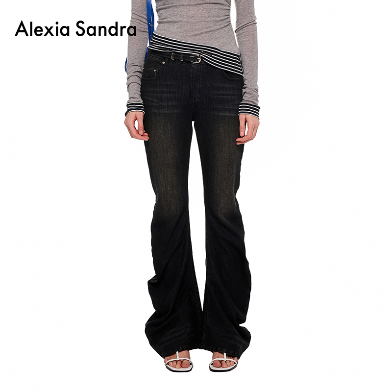 Alexia Sandra2025新款黑色休闲百搭弯刀堆堆牛仔裤长裤修身显瘦