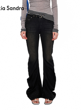 Alexia Sandra2025新款黑色休闲百搭弯刀堆堆牛仔裤长裤修身显瘦
