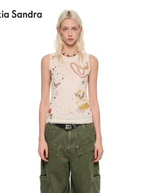 Alexia Sandra2025夏季新款梦游仙境系列弹力网定位印花无袖背心