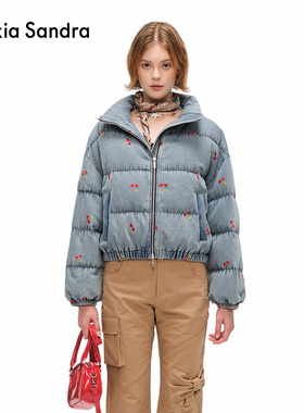 Alexia Sandra秋冬复古做旧水洗刺绣樱桃羽绒牛仔外套女通勤百搭