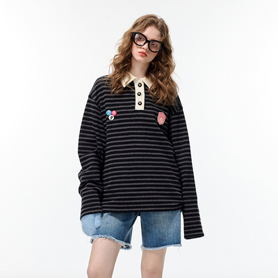 徽章条纹POLO衫落肩袖套头衫女