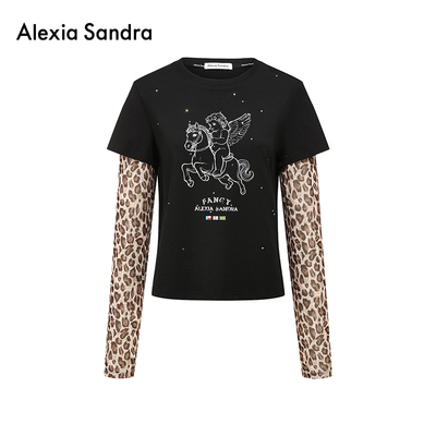 豹纹袖烫钻星点天使小马T恤