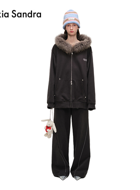 Alexia Sandra秋冬新款经典LOGO印花休闲毛领卫衣卫裤套装一整套