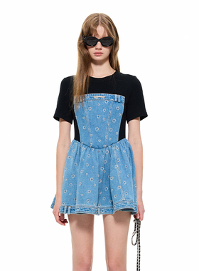 Alexia Sandra2024春夏新款拼接解构牛仔收腰连衣裙女设计师品牌